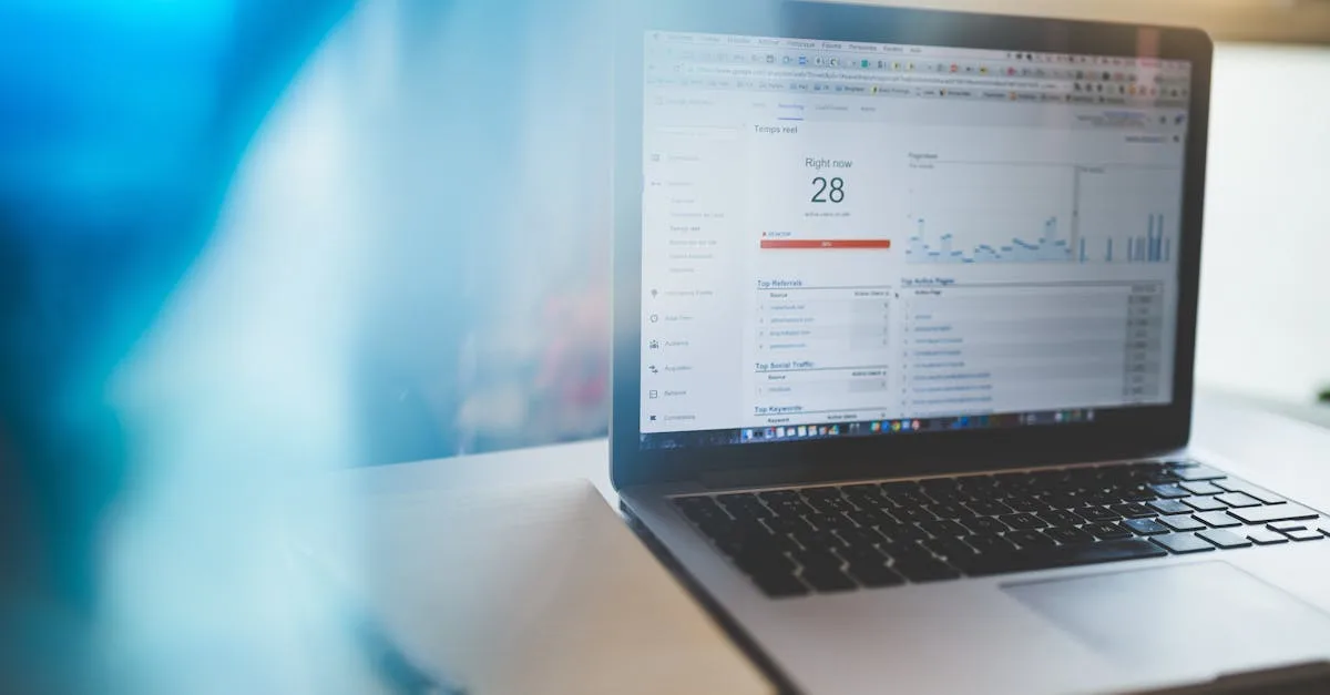 Analytics dashboard on a laptop showing marketing and visibility metrics