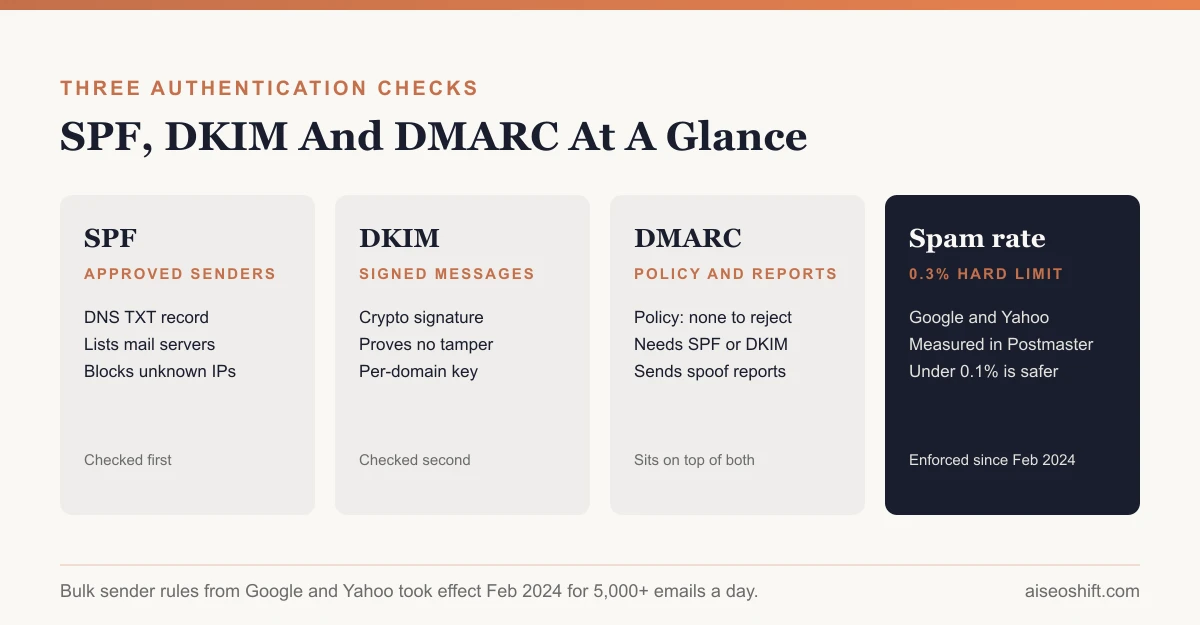 Diagram showing SPF, DKIM and DMARC as three layered checks a receiving mail server runs before delivering an email