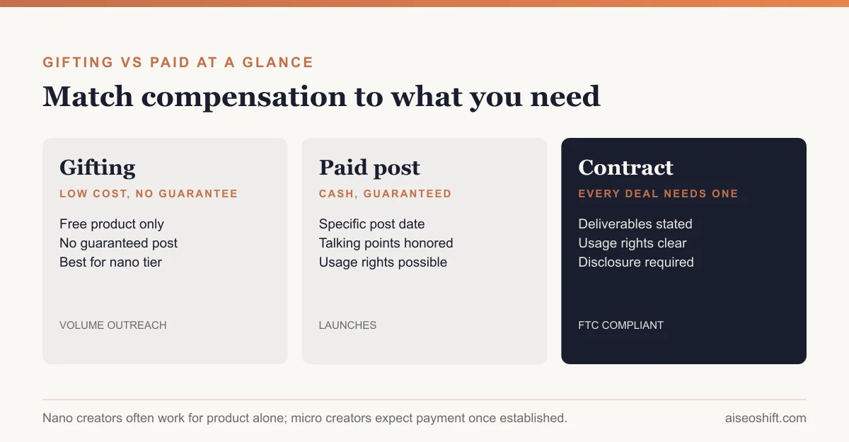 Gifting versus paid influencer collaboration compared by cost and deliverable guarantee