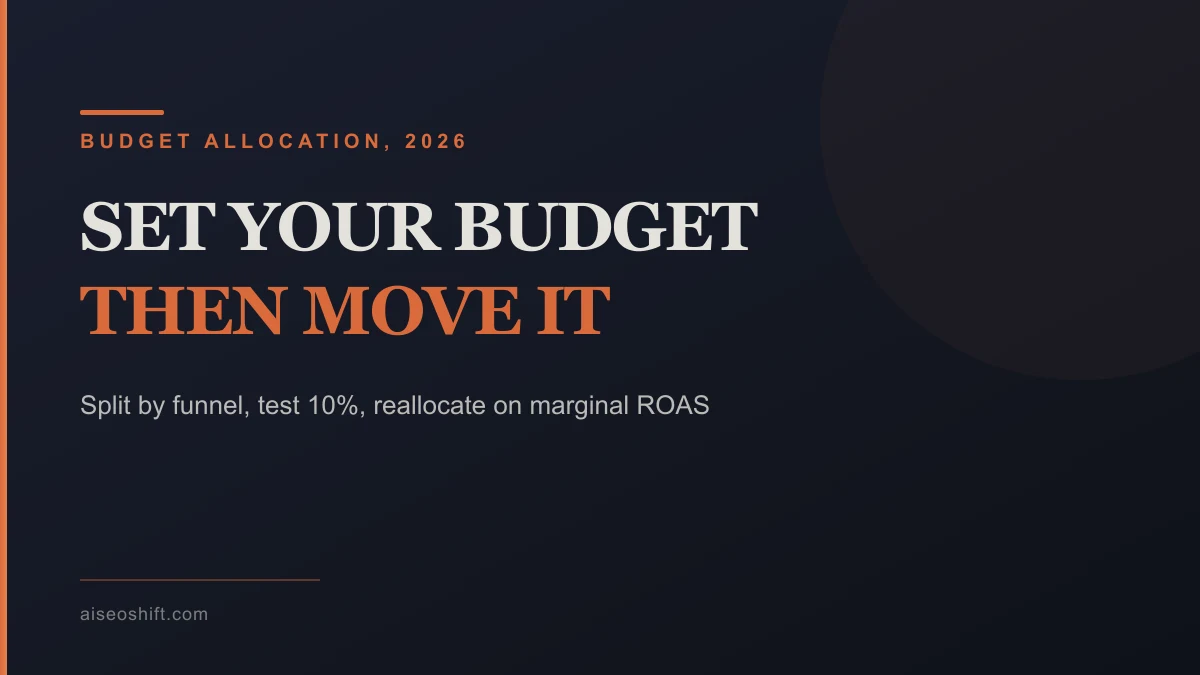 Marketing budget split into total, funnel stage, test ratio and reallocation steps