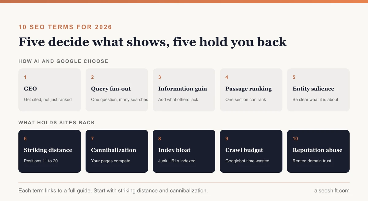 The 10 SEO terms for 2026, grouped into how AI and Google choose content, and the problems that hold sites back